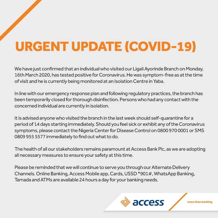 #COVID19: #Access Bank Shuts Branch As Customer Tests Positive To Coronavirus 