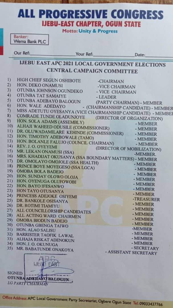Ogun LG Elections: Ijebu East APC Releases Central Campaign Committee List