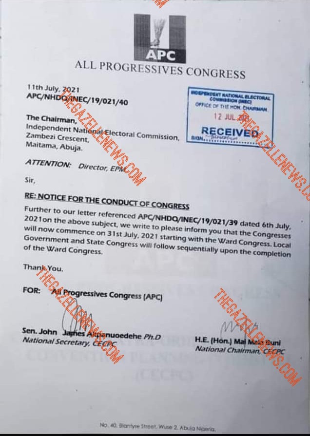 Breaking: APC Congresses Start On July 31 With Ward Congress, Others Follow Sequentially