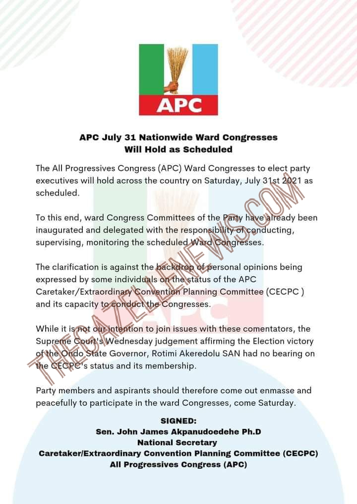 Breaking: Ward Congress Will Hold, APC Insists; Says Ondo Supreme Court Ruling Not Related To Status Of CECPC