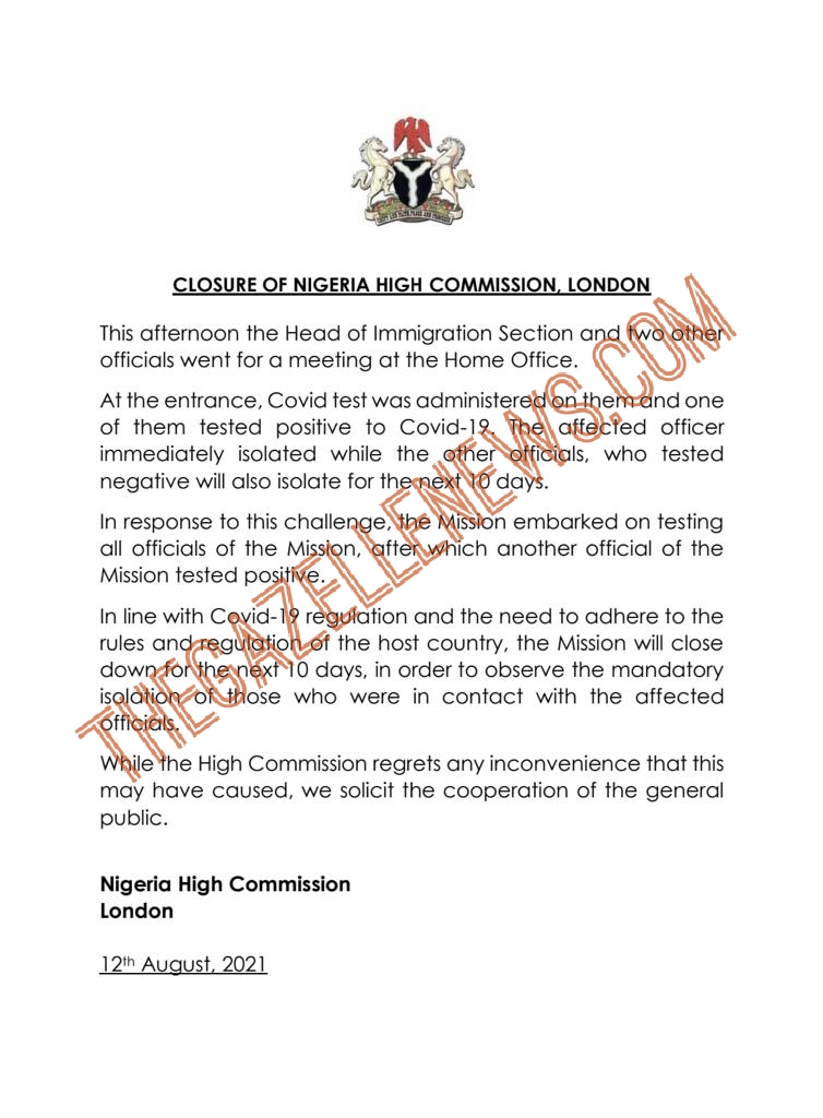 Breaking: Nigeria High Commission In London Shut As Officials Test Positive For Covid-19