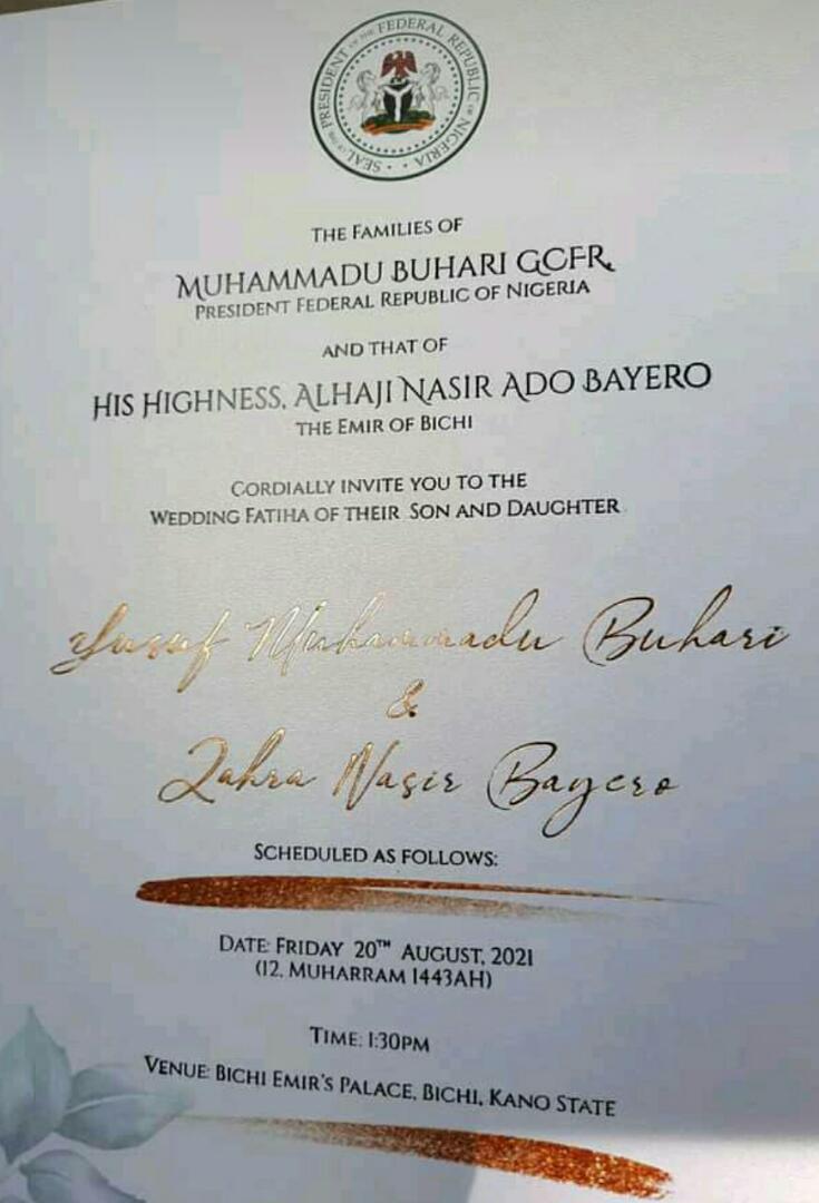 Behold! Buhari’s Son’s Wedding Notification, Invitation