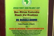 African Students Union Parliament Honors Oyo State Health Insurance Agency Boss