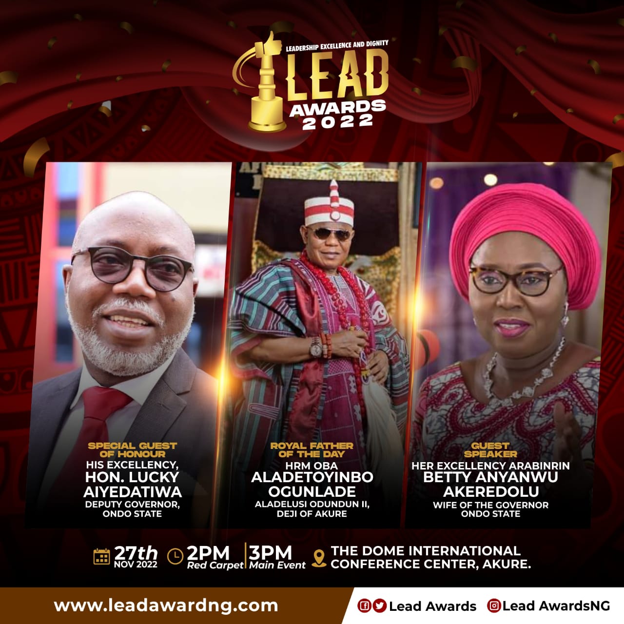 Ondo First Lady To Speak At 2022 Lead Awards; State Deputy Governor, Deji of Akure, Other Dignatories Set To Attend 