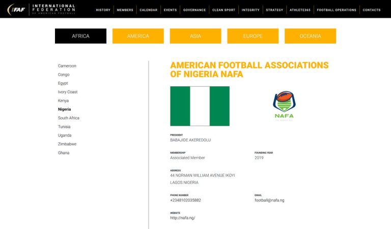 Nigeria’s American Football Federation Yet to Reflect on IFAF Membership List 4 Months after Inauguration